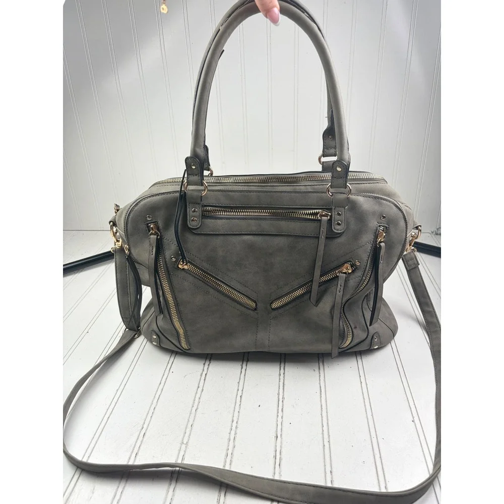 Vintage Y2K Gray Multi Zip Studded Satchel Shoulder Bag Crossbody